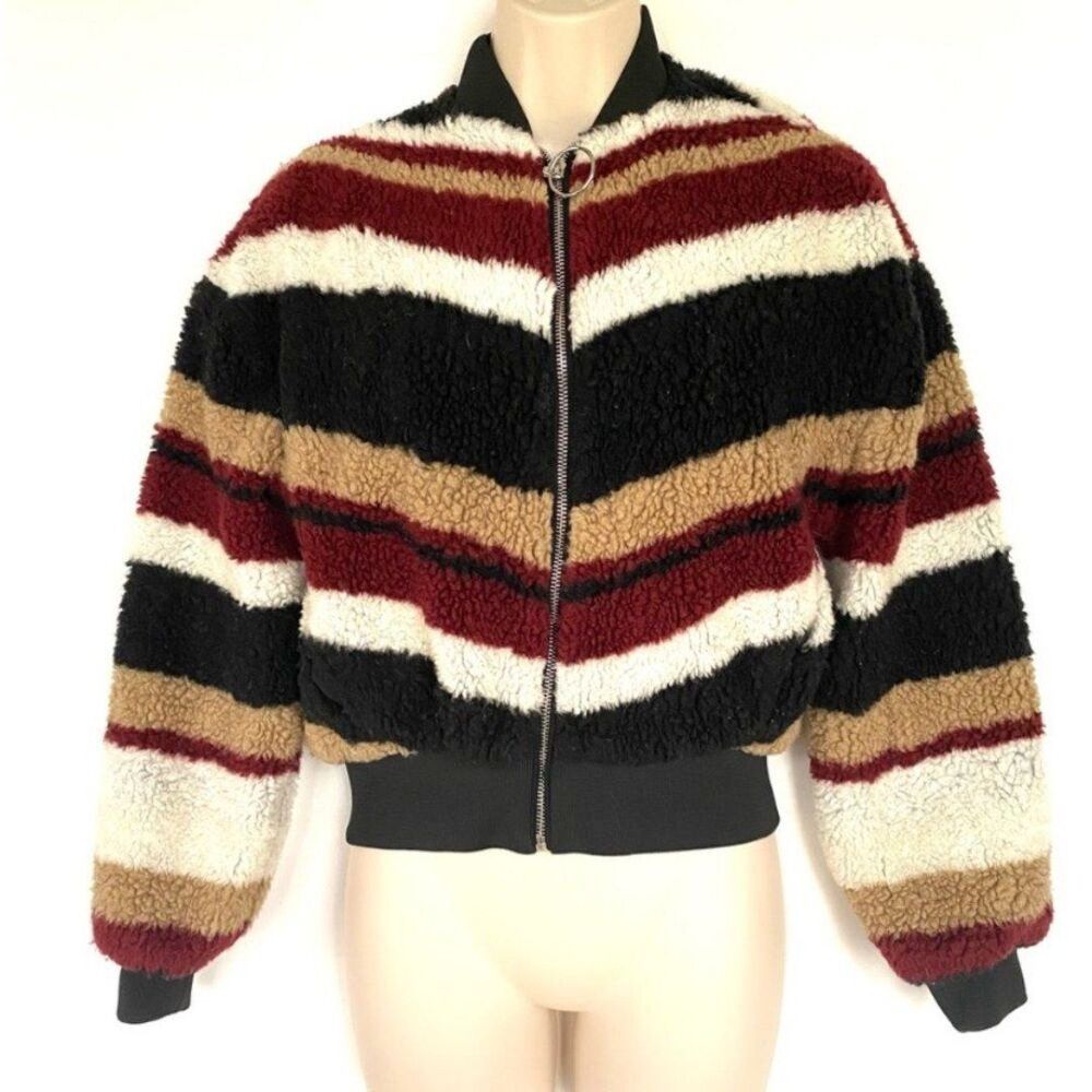 Bershka Striped Sherpa Teddy Bomber Jacket XS Cozy Fall Winter